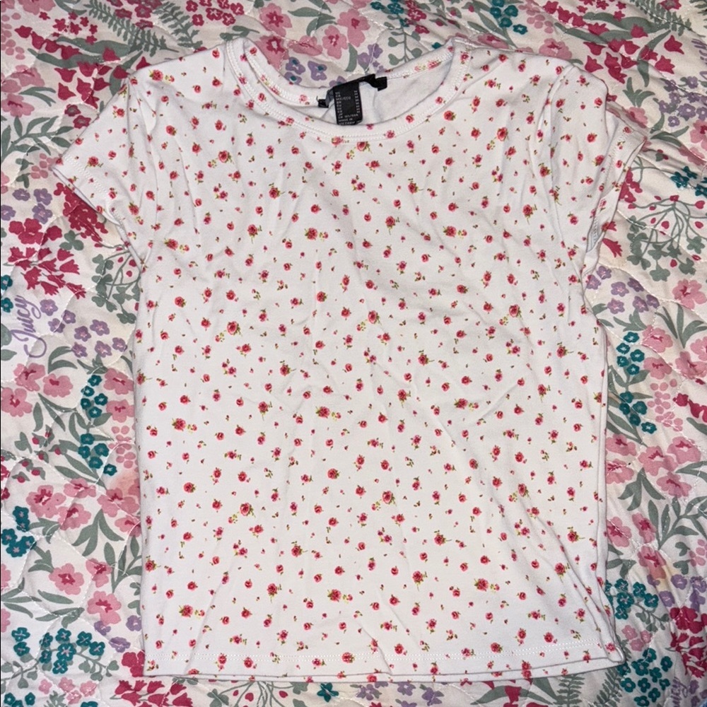 Forever 21 Kids Floral Print Tee - White and Pink